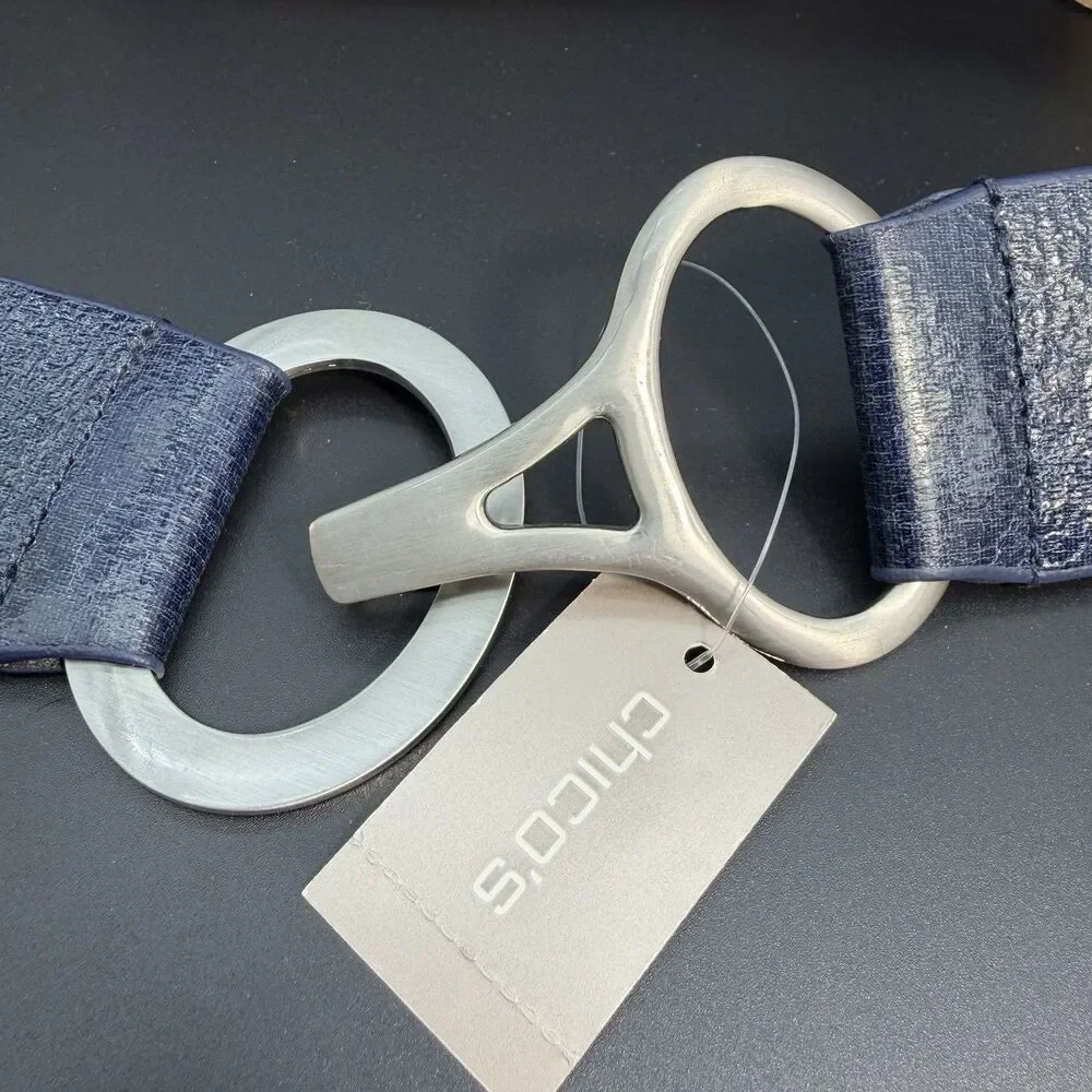 Chico's Women’s Leather and Elastic Expansion Belt Navy Blue Silver Hardware NWT